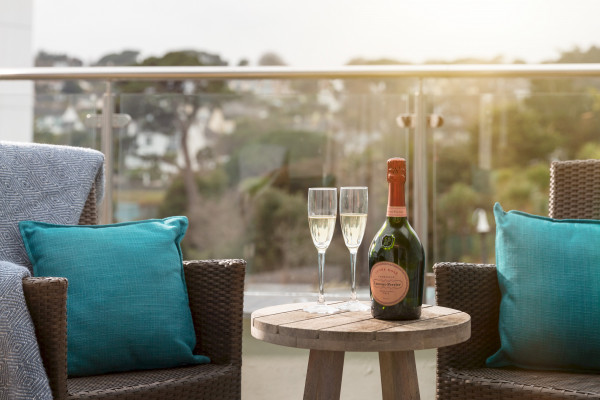 Champagne on luxury hotel balcony
