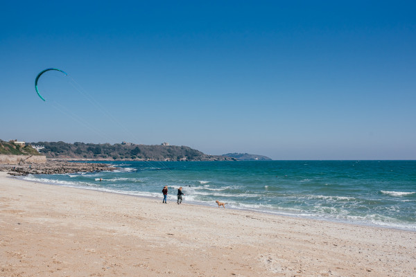 Couple with their dog walking along Gylly Beach in Falmouth