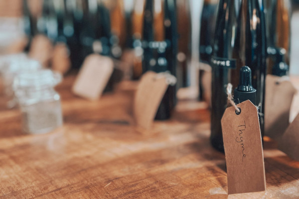 Row of bottles with different flavourings labelled
