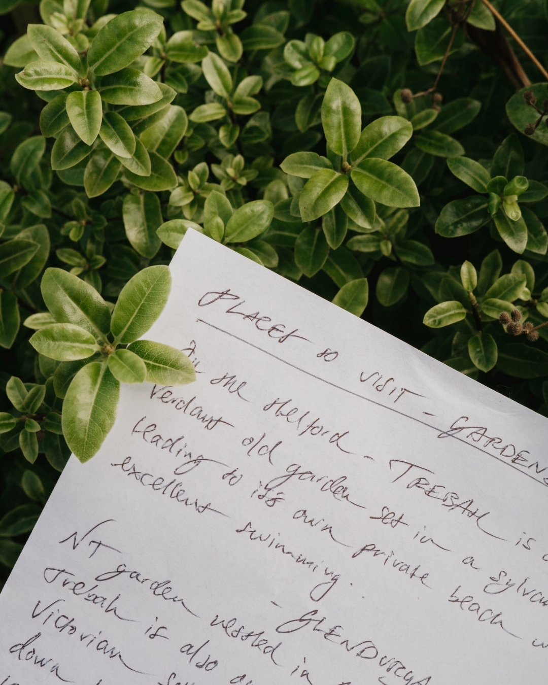 Handwritten letter from St Michaels Head Gardener Rob recommending Cornwall walks and gardens