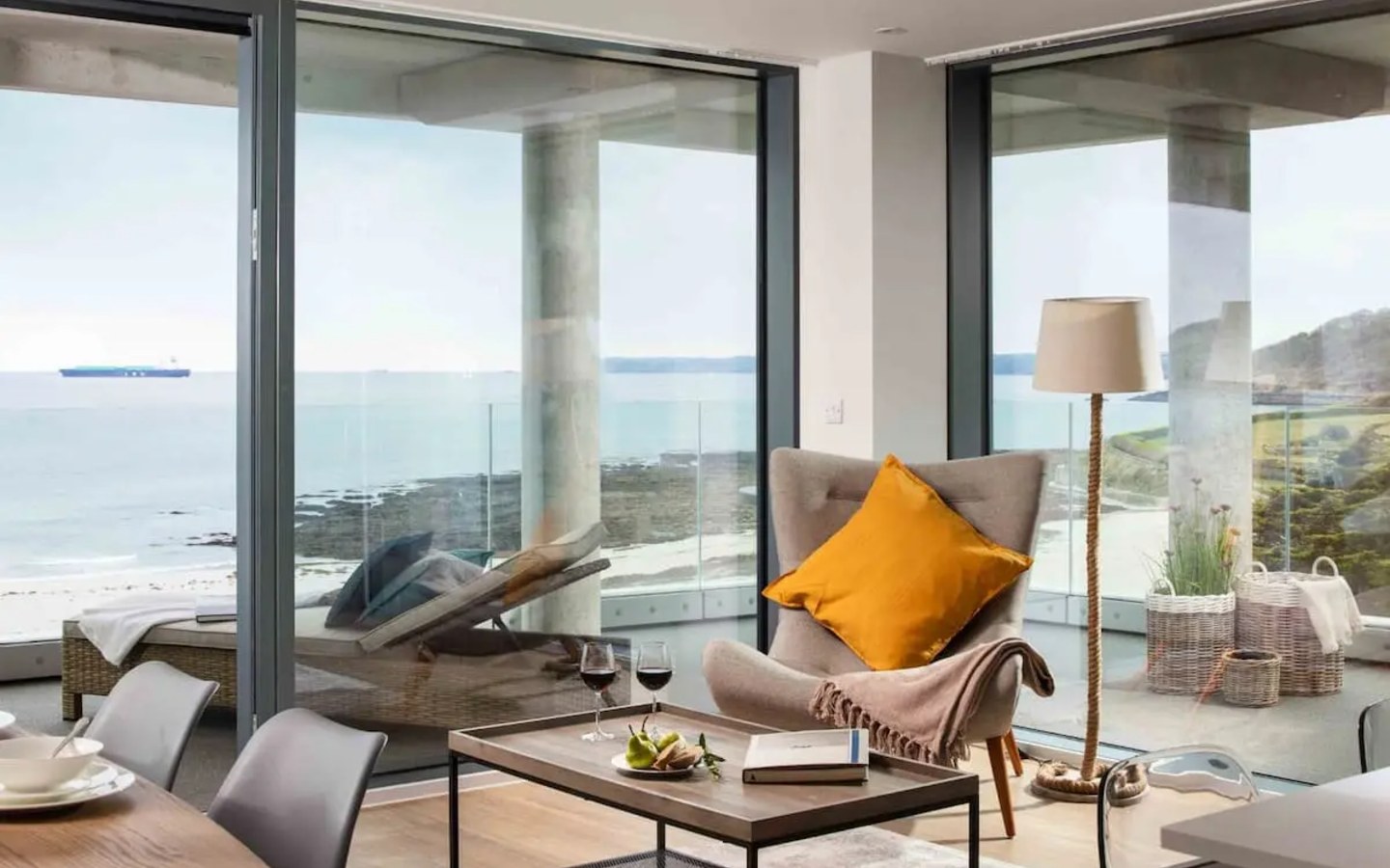 Sea view apartment living room opening onto a balcony at St Michaels, Falmouth