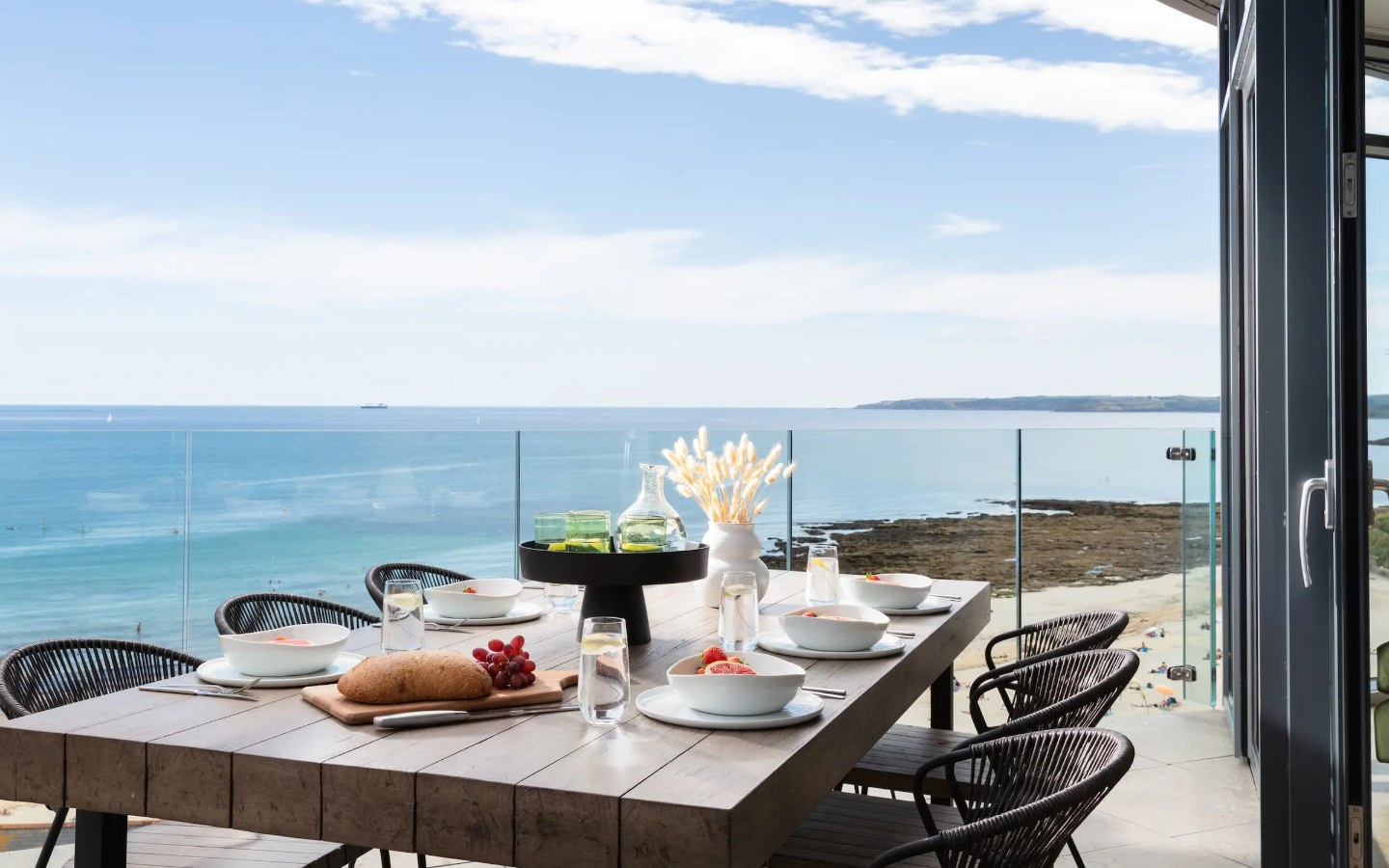 Luxury sea view apartment balcony overlooking Gyllyngvase Beach, Falmouth