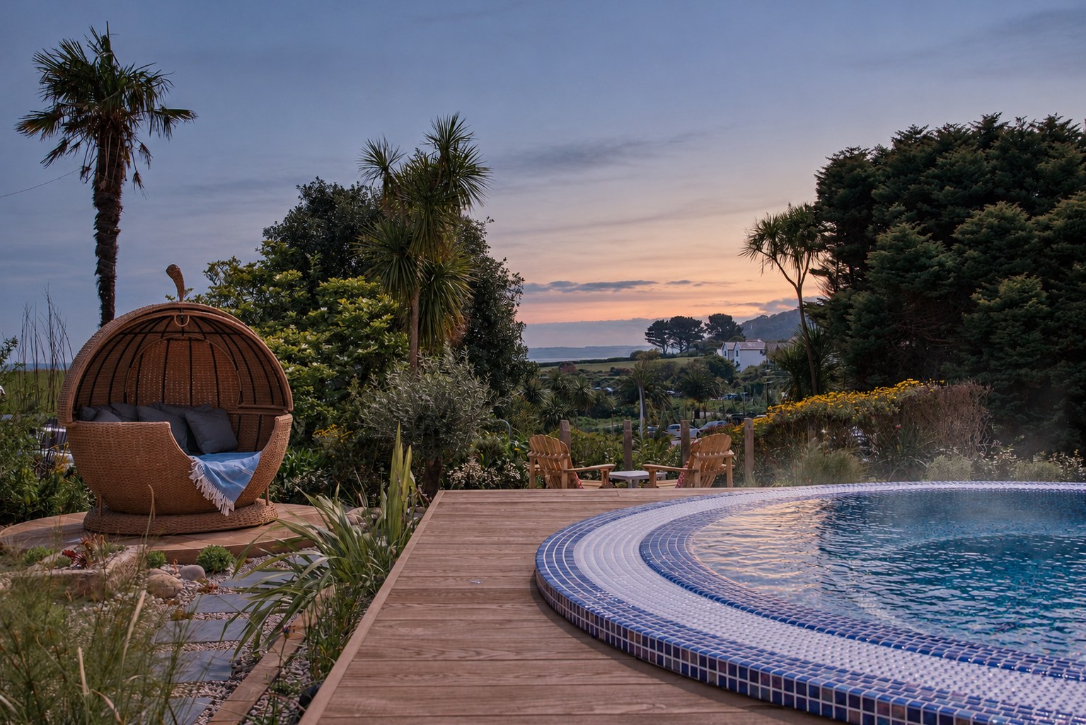 Outdoor hot tub on the spa deck at sunset, St Michaels, Falmouth