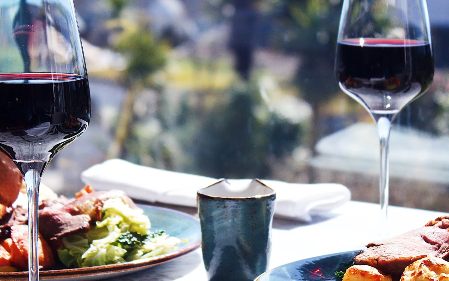 Sunday lunch with red wine at Brasserie on the Bay, St Michaels Resort, Falmouth